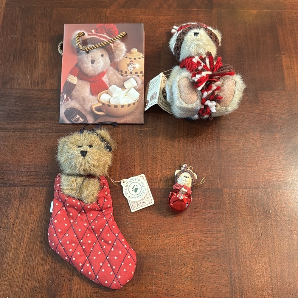 Boyd's Bear Teddy Bear 4 pc Bundle Ornament Teddy Stocking Gift Bag Christmas